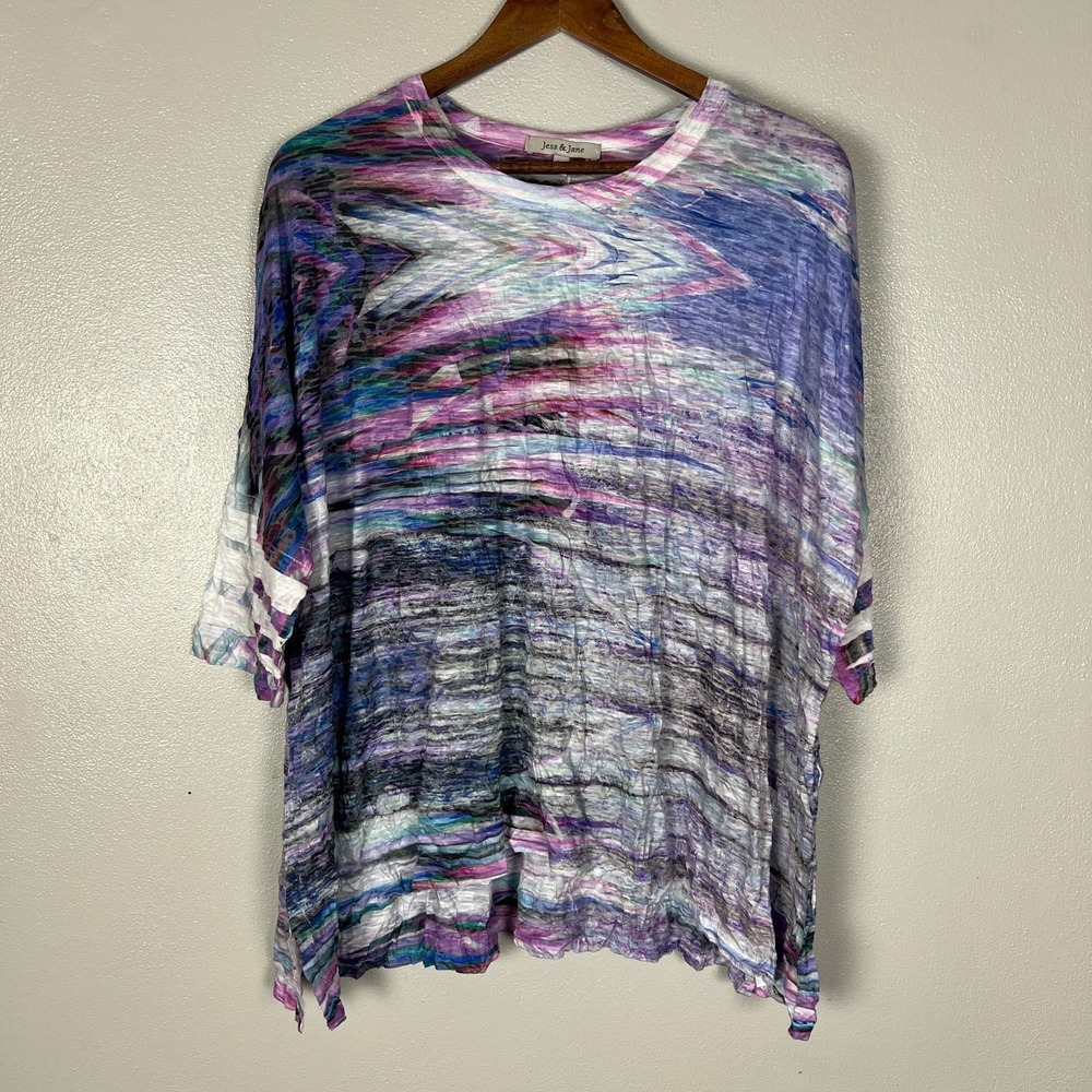 Jess & Jane Tunic Top XL Multicolor Stripe Crinkle Dolman 3/4 Sleeve Relaxed Fit
